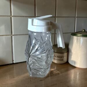 Vintage 1970s Pressed Glass Syrup Dispenser Starburst Pattern White Plastic Pour